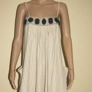 NEXT CREAM STRIPE LINEN BLEND EMBROIDERED SPAGHETTI STRAP DRESS UK 12 US 8